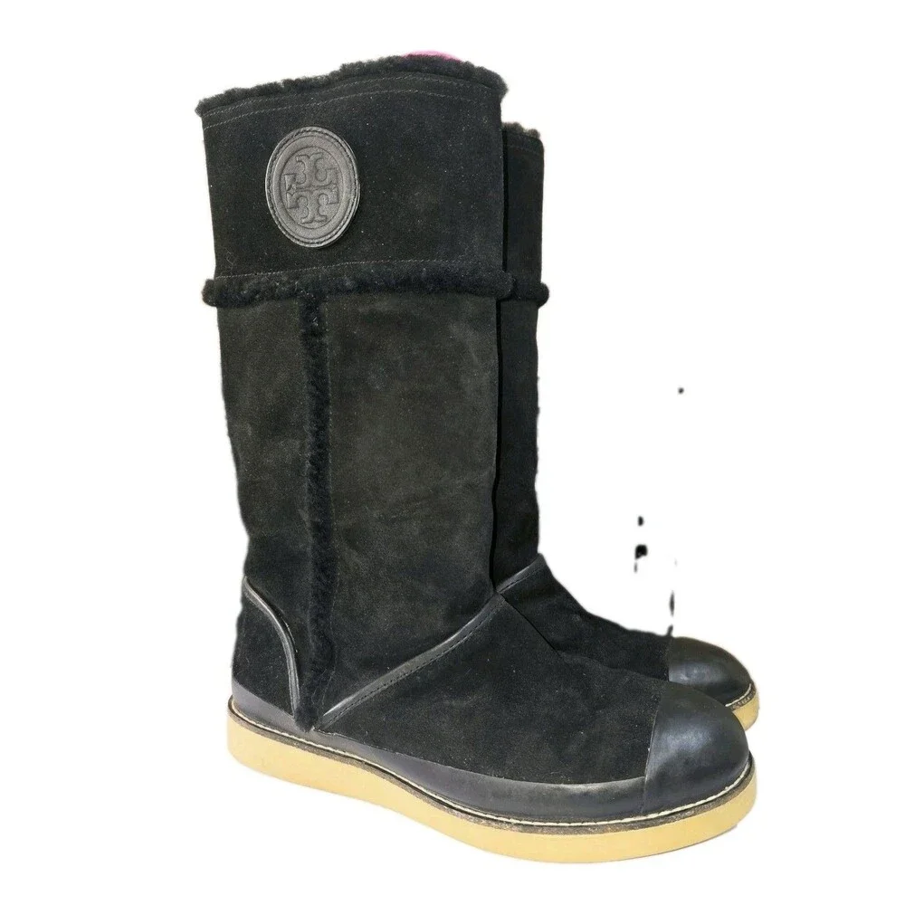 TORY BURCH AMELIE Sz 9.5 Black Lamb Suede Shearling Tall Pull On Logo Boho Boots